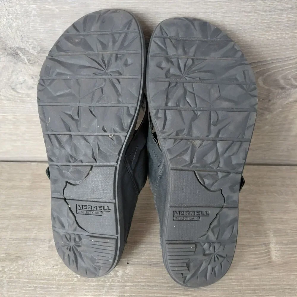 Merrell Sandals Womens 7 Black Leather Around Town Buckle Strappy Beach Thong